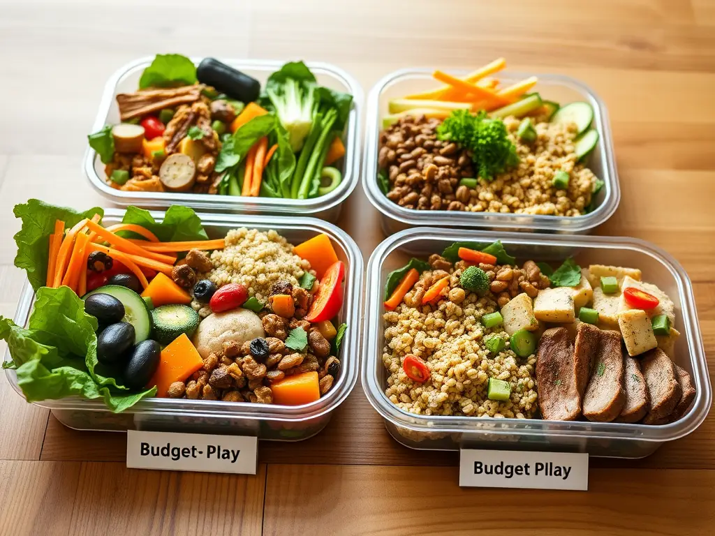 Four containers with colorful, healthy meal prep options featuring vegetables, grains, and protein, labeled 'Budget Play' and 'Budget Pllay' on a wooden surface.