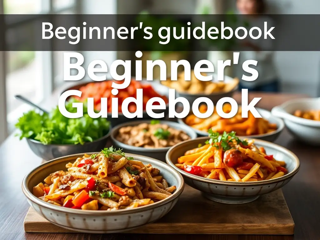 A visually appealing display of various delicious meals, including pasta dishes and fresh vegetables, with text overlay reading 'Beginner's guidebook'.