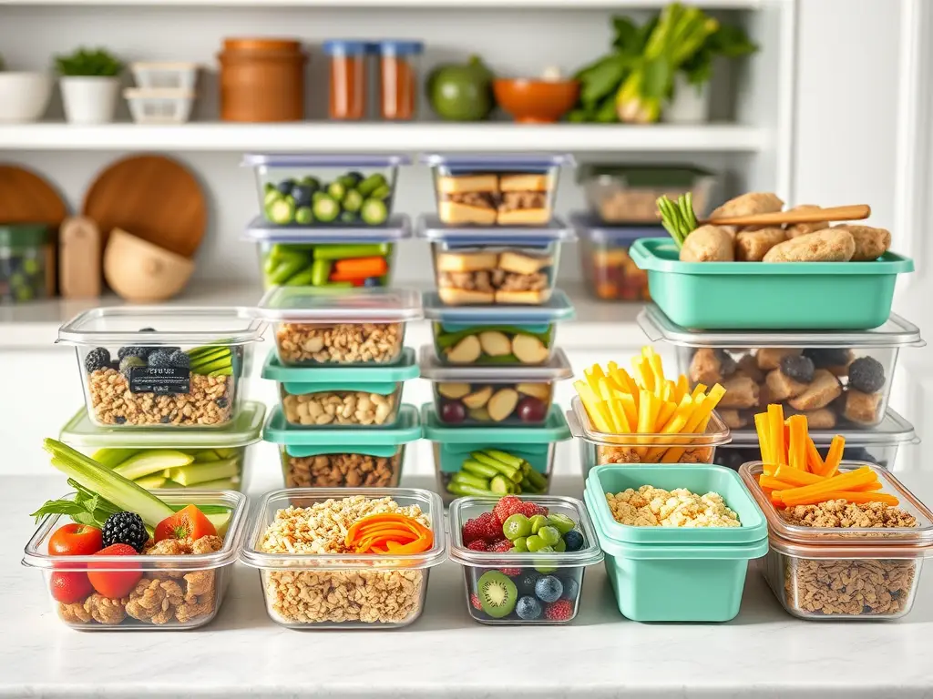 An organized meal prep station featuring various containers filled with colorful fruits, vegetables, and snacks, arranged neatly on a table.