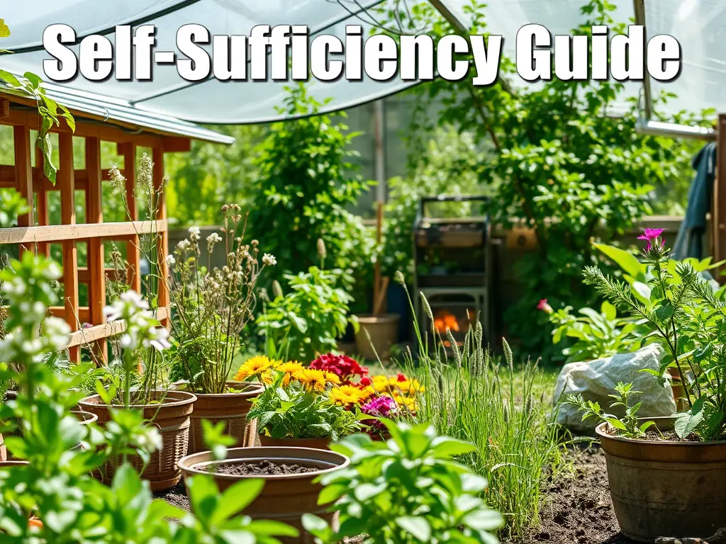 A vibrant garden scene showcasing various potted plants, flowers, and greenery, with the title 'Self-Sufficiency Guide' prominently displayed.