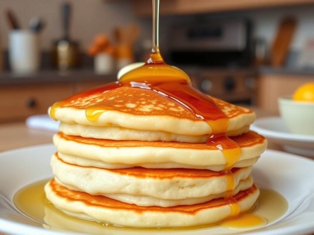 warm, fluffy pancakes covered in maple syrup