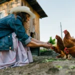 Tired farm woman with chicken