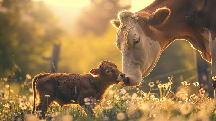 mother cow teaching calf in pasture sunrise