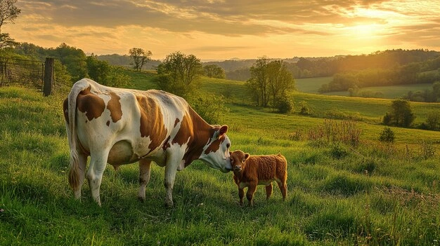 A Sunrise Moment Between Cow and Calf