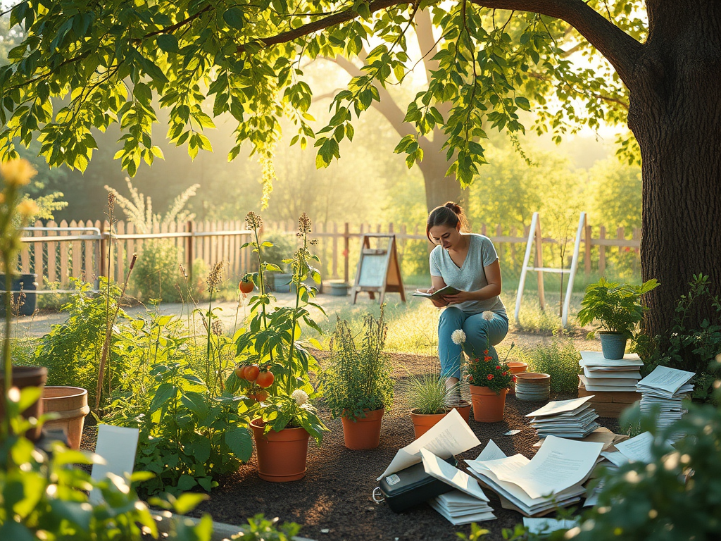 A woman sitting in a sunlit garden surrounded by potted plants, reading a book, with scattered papers and clutter around her.