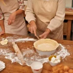 Woman making pie crust in cozy kitchen