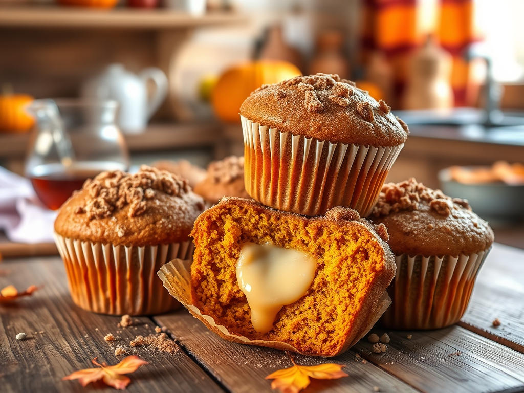 Soft pumpkin muffins with a creamy maple center, topped with crunchy cinnamon sugar, served on a rustic wooden table surrounded by autumn leaves.
