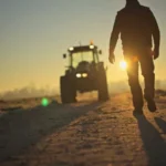Country road at sunrise with single figure walking