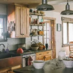 Old-fashioned homesteading kitchen with jars, tools, lard