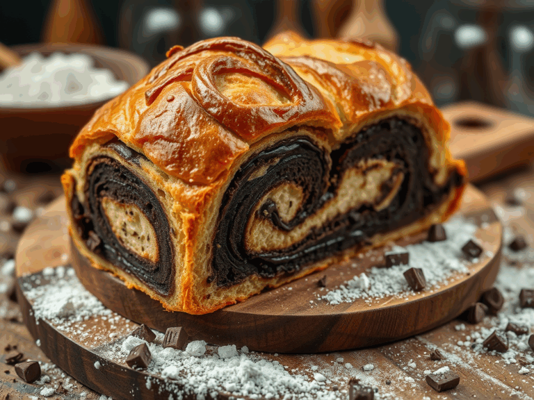 A freshly baked loaf of chocolate sourdough babka, showcasing a glossy, golden-brown crust and a beautifully swirled chocolate filling, displayed on a wooden board sprinkled with flour and chocolate chunks.