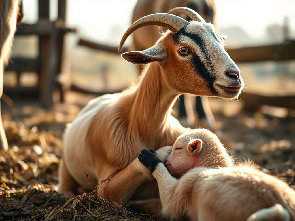 A mother goat resting while her newborn kid nuzzles against her, showcasing a tender moment of connection in a natural setting.