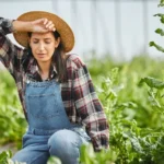 Tired woman resting in farm field with messy background