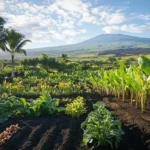 Calm countryside with blue sky and garden