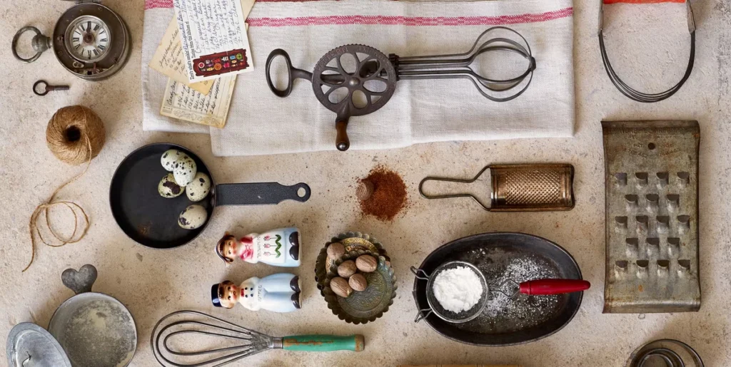 Vintage kitchen with tools and half-prepped food