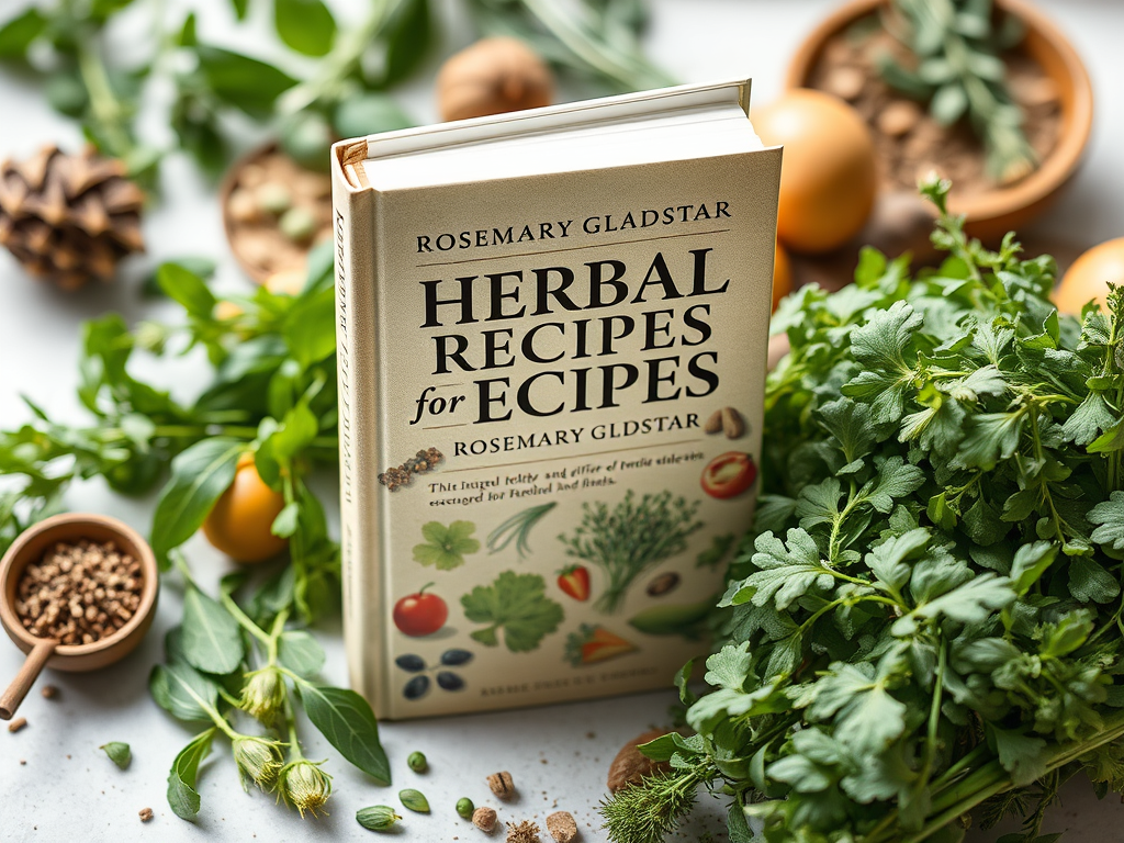 A close-up of the book 'Herbal Recipes for Vibrant Health' by Rosemary Gladstar, surrounded by fresh herbs and spices, including parsley, green leaves, and pine cones.