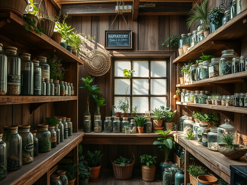 A cozy herbal apothecary filled with glass jars of dried herbs, plants, and green foliage, showcasing a warm wooden interior with shelves and a window.