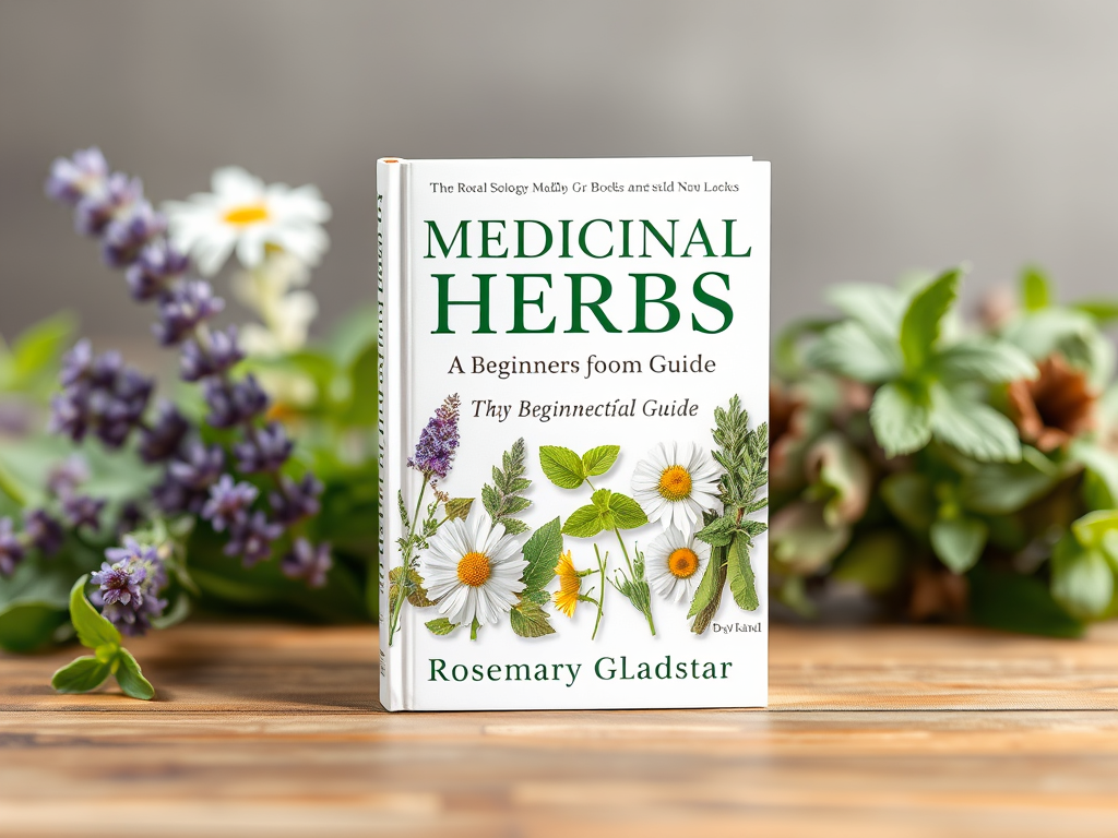 A close-up image of a book titled 'Medicinal Herbs: A Beginners' Guide' by Rosemary Gladstar, displayed on a wooden surface surrounded by fresh herbs.