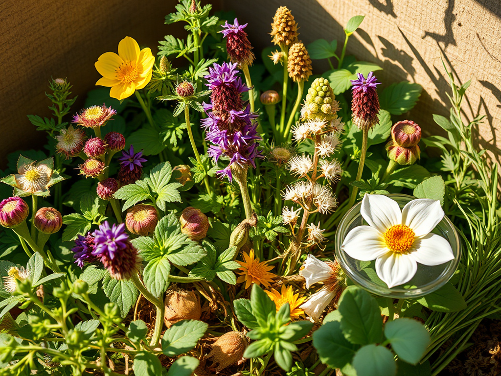 A vibrant assortment of colorful herbs and flowers in a garden setting, showcasing various plant species including yellow blossoms, purple blooms, and green foliage.