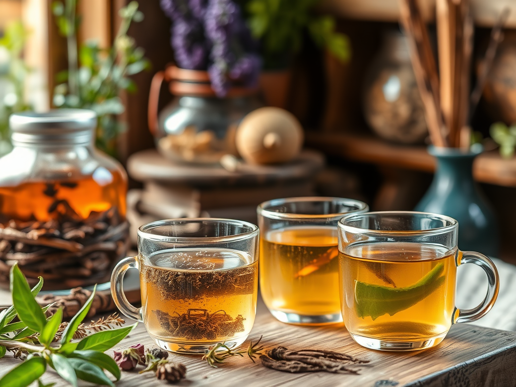 Three glass cups of herbal tea on a wooden table, surrounded by dried herbs and green leaves, with a jar of loose herbs in the background.
