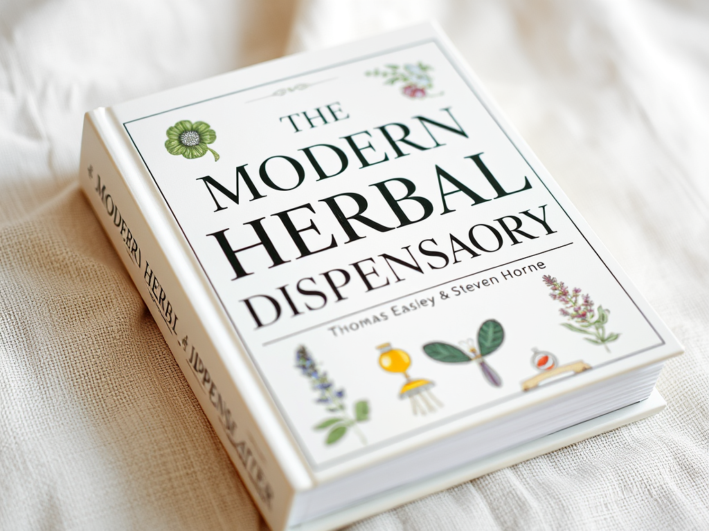 A close-up of the book 'The Modern Herbal Dispensatory' by Thomas Easley & Steven Horne, featuring a decorative cover design with botanical illustrations.