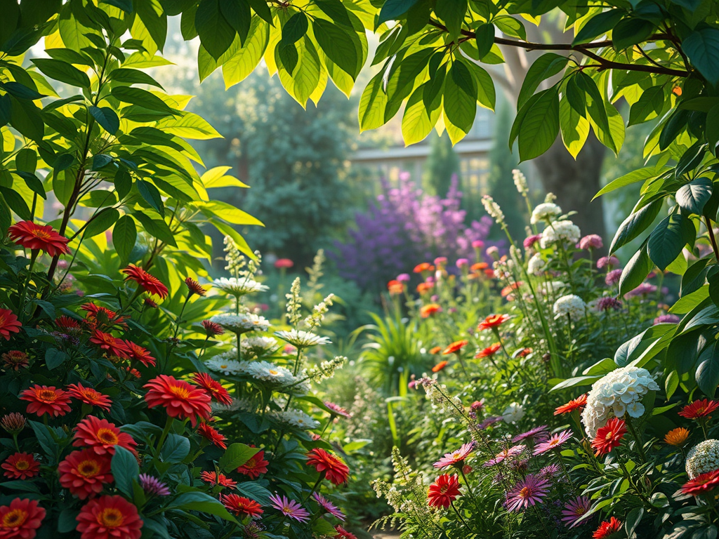 A vibrant garden filled with a variety of colorful flowers, including red, white, and purple blooms, surrounded by lush green leaves, creating a serene and inviting atmosphere.