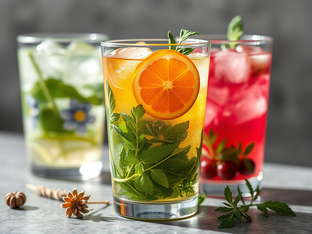 Three colorful herbal drinks in tall glasses: a refreshing yellow drink with orange slices and mint leaves, a green drink with herbs and ice, and a pink drink with berries, all on a grey background.