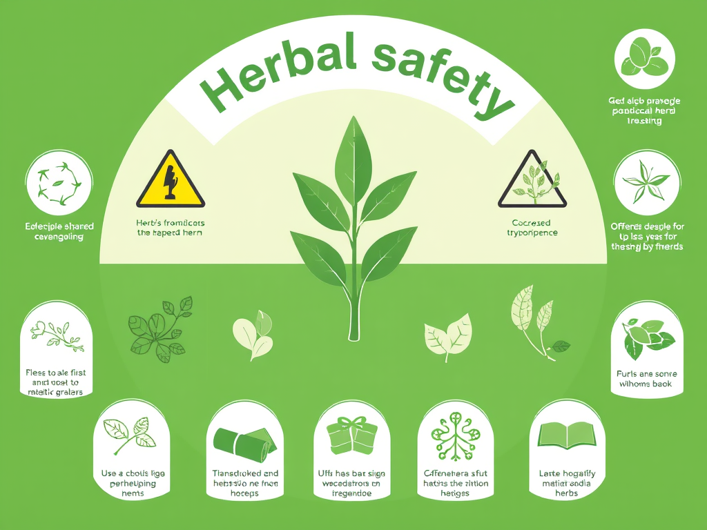 An infographic on herbal safety featuring various icons and illustrations representing different aspects of herbal use. The design incorporates a green color scheme with text labels outlining key safety considerations when using herbs. Elements include warnings, usage suggestions, and guidelines for safe herbal practices.